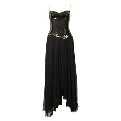 Pre-owned Loris Azzaro 1970's  Asymmetrical Gown With Sequined Bodice In Black