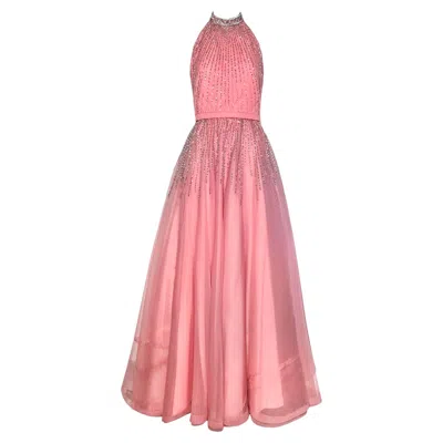 Pre-owned Loris Azzaro 1970's Pink Silver Beaded High Halter Neck Fit And Flare Gown