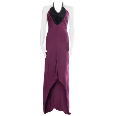 Pre-owned Loris Azzaro 1970s  Black & Purple Viscose Jersey Slinky Disco Trained Gown