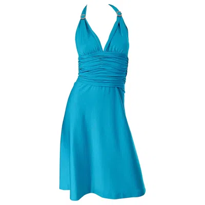 Pre-owned Loris Azzaro 1970s  Couture Turquoise Blue Silk Jersey Rhinestone Vintage Dress