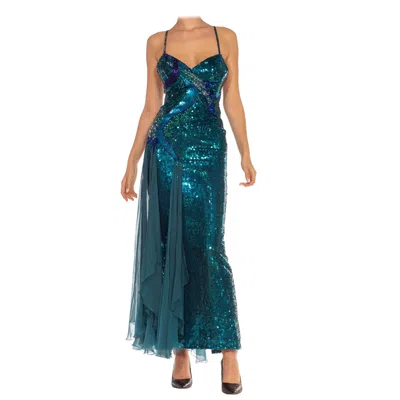 Pre-owned Loris Azzaro 1970s  Teal Metallic Silk Chiffon Sequin Beaded Sea Goddess Gown In Green
