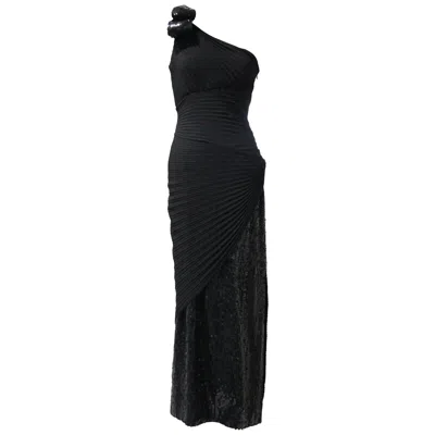 Pre-owned Loris Azzaro 1970s Lorris Azzaro Black Rayon Crepe One-shoulder Sequin Panel Pleated Gown