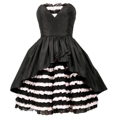 Pre-owned Loris Azzaro 1980's  Black And Pink Haute Couture Mini Dress With Lace Ruffles