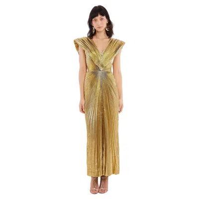 Pre-owned Loris Azzaro Azzaro Paris 80's Gold Lamé Sunray Pleated Met Gala Evening Gown In Brown