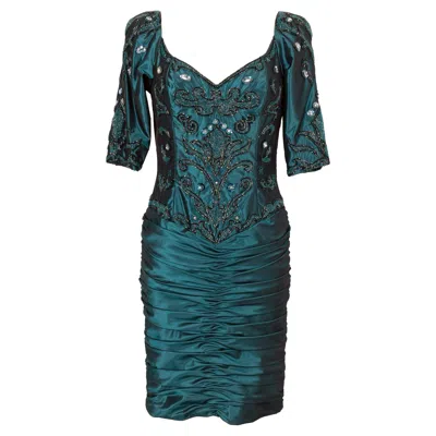 Pre-owned Loris Azzaro Azzaro Taffeta Evening Dress Sewn With Pearls And Rhinestones In Blue
