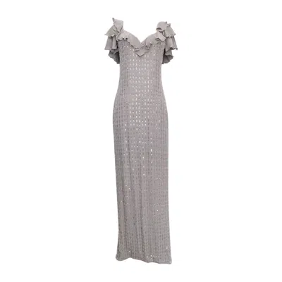 Pre-owned Loris Azzaro Embroidered Grey Silk Dress, Size 36fr In Gray