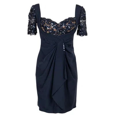 Pre-owned Loris Azzaro Midnight Blue Evening Dress In Taffeta, Lace And Sequins