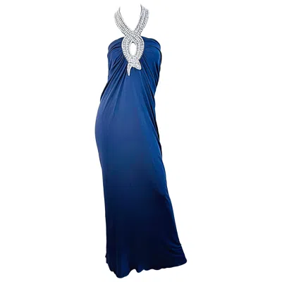 Pre-owned Loris Azzaro Spring 2008 Size 46 ( 12 ) Navy Blue Jersey Rhinestone Halter Gown