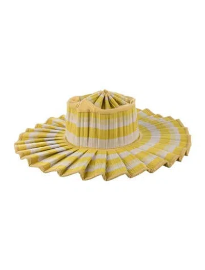 Pre-owned Lorna Murray Pleated Striped Wide Brim Sun Hat In White/yellow