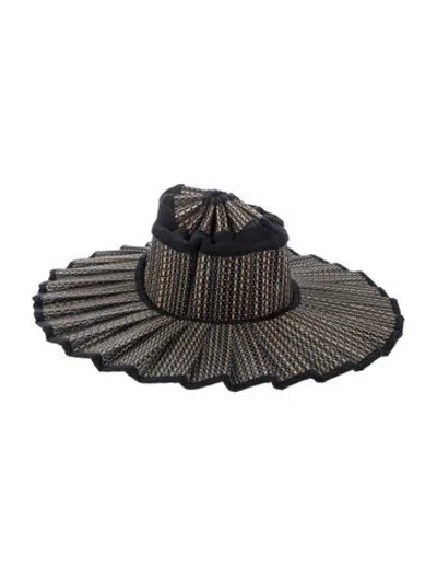 Pre-owned Lorna Murray Straw Pleated Wide Brim Sun Hat In Black/neutrals