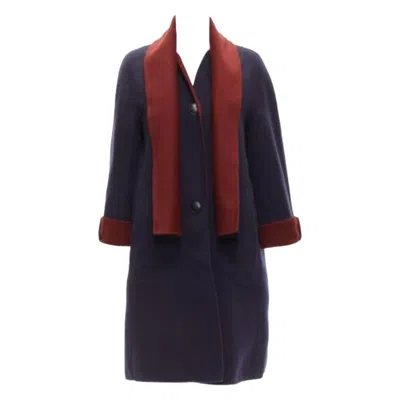 Pre-owned Loro Piana 100% Double Faced Cashmere Burgundy Navy Reversible Coat It44 L In Red