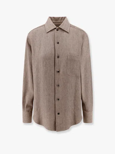 Loro Piana André Linen Shirt With Herringbone Motif In Brown
