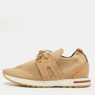 Pre-owned Loro Piana Beige Knit Fabric And Suede 360 Lp Flexy Walk Lace Up Sneakers Size 35 In Sand