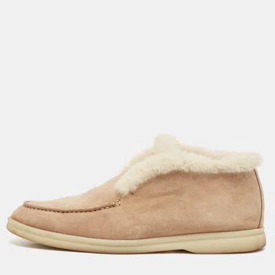 Pre-owned Loro Piana Beige Shearling And Suede Open Ankle Boots Size 37.5