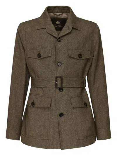 Loro Piana Belted Herringbone Flax Jacket In Brown