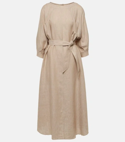 Loro Piana Belted Linen Midi Dress In Grain Beige