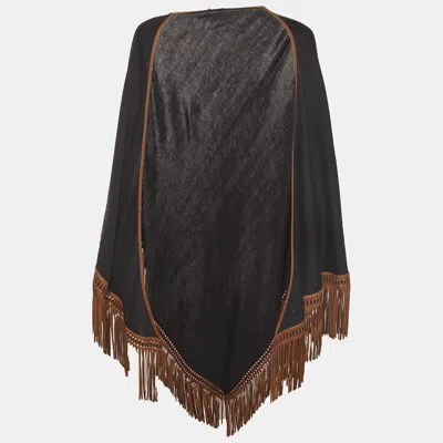 Pre-owned Loro Piana Black Wool Blend Leather Fringe Detail Cape One Size