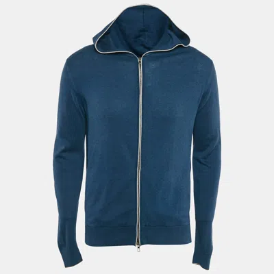 Pre-owned Loro Piana Blue Cashmere And Cotton Knit Hooded Leasure Bomber Jacket M