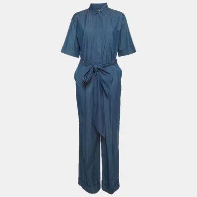 Pre-owned Loro Piana Blue Chambray Button Up Belted Jumpsuit M