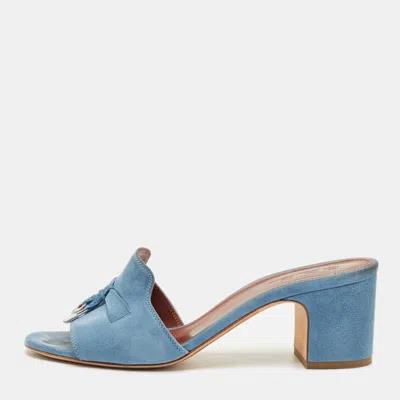 Pre-owned Loro Piana Blue Suede Summer Charms Slide Sandals Size 37.5