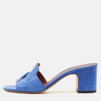 Pre-owned Loro Piana Blue Suede Summer Charms Slide Sandals Size 38.5