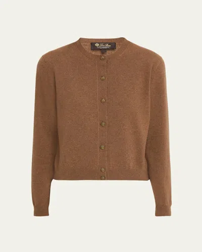 Loro Piana Classic Baby Cashmere Crewneck Cardigan In Brown