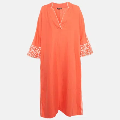 Pre-owned Loro Piana Coral Embroidered Sleeve Linen Midi Dress L In Red