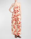 Loro Piana Cristina Hibiscus Flowers Linen Wide-leg Jumpsuit In T1j2 Tapioca+red Tan