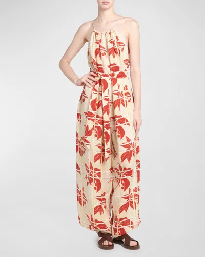 Loro Piana Cristina Hibiscus Flowers Linen Wide-leg Jumpsuit In T1j2 Tapioca+red Tan