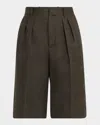 Loro Piana Digby Pleated Structured Linen Wool Bermuda Shorts In 516x Black Pine