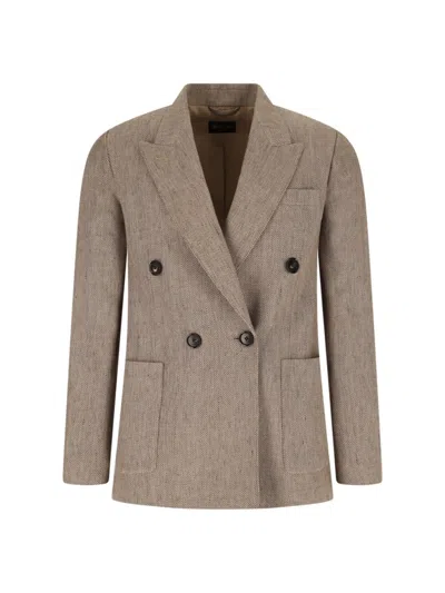Loro Piana Genny Double-breasted Herringbone Linen Blazer In Brown