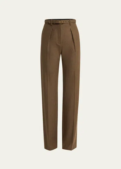 Loro Piana Edward Pintuck Belted Wool Cashmere Trousers In 512i Scottish Tun