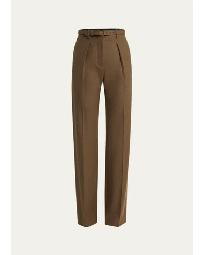 Loro Piana Edward Pintuck Belted Wool Cashmere Trousers In Brown