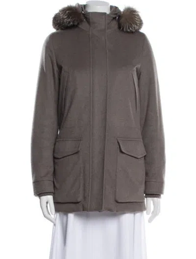 Pre-owned Loro Piana Fox Fur Trimmed Storm System Baby Cashmere Fur Jacket In Neutral
