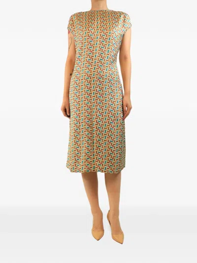 Pre-owned Loro Piana Geometric-print Midi Dress In Neutrals