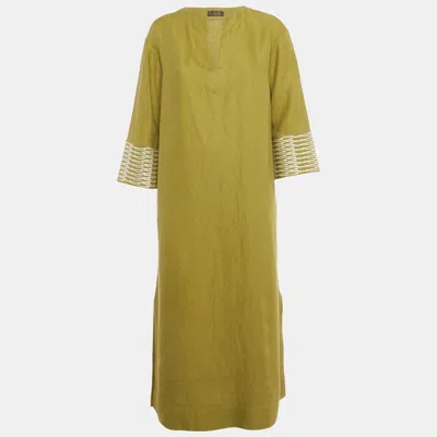 Pre-owned Loro Piana Green Embroidered Detail Linen Midi Dress S