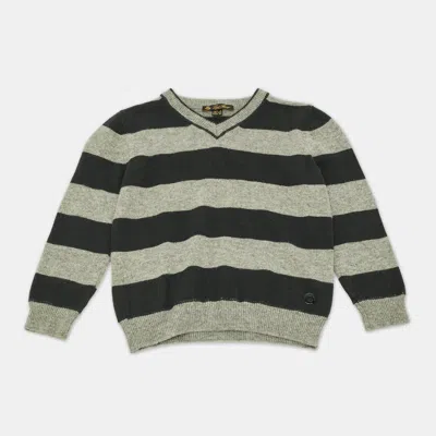Pre-owned Loro Piana Green/grey Striped Cashmere Elbow Patch Sweater 4 Yrs