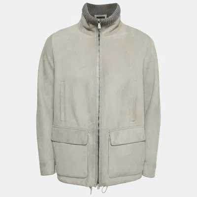 Pre-owned Loro Piana Grey Reindeer Suede Zip-up Jacket Xs