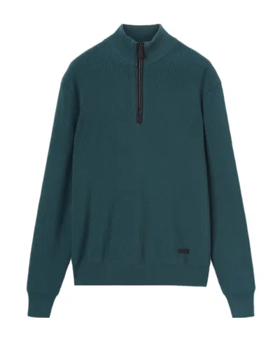 Loro Piana Leather-trimmed Ribbed Wool Half-zip Sweatshirt In Blue