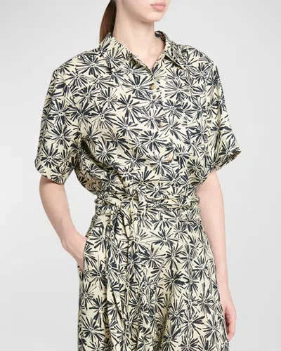 Loro Piana Isobel Flowers-print Short-sleeve Linen Button-down Shirt In Navy Blue/nougat