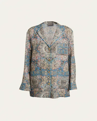 Loro Piana Jameela Tapestry Bloom-print Linen Blouse In T1gk Azurecoral Bay