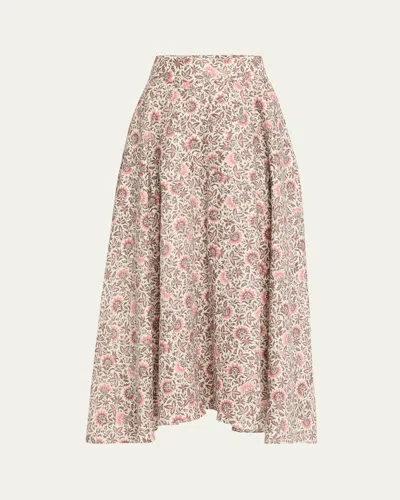 Loro Piana Jaya Floral-print Linen Twill Midi Skirt In T1n7 Chalkgraphite
