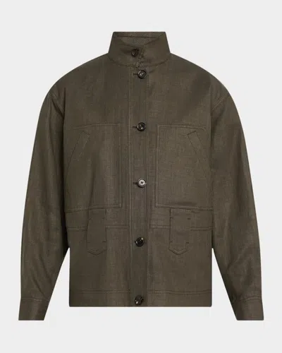 Loro Piana Jaylon Structured Linen Wool Field Jacket In Black Pine