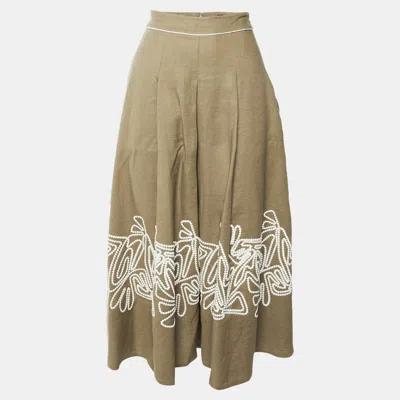 Pre-owned Loro Piana Khaki Brown Linen Embroidered Midi Skirt S