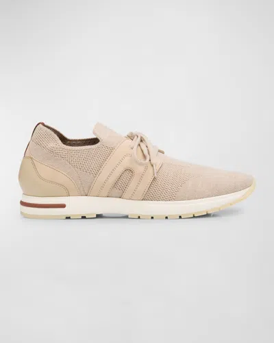 Loro Piana Knit Lace-up Runner Sneakers In Beige Melange