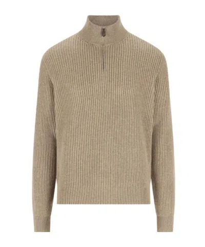 Loro Piana Plane Tree Zip-neck Ribbed Sweater In Neutral