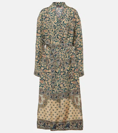 Loro Piana Landry Printed Silk Coat In Deep Teal+light Sand