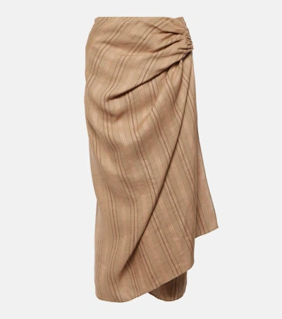 Loro Piana Leather-trimmed Draped Linen Midi Skirt In Beige
