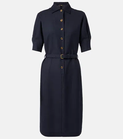 Loro Piana Linen And Wool Shirtdress In Blue Navy