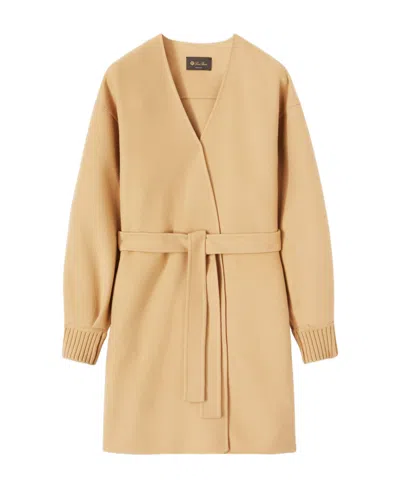 Loro Piana Long Sleeved Lace-up Cashmere Coat In Nude